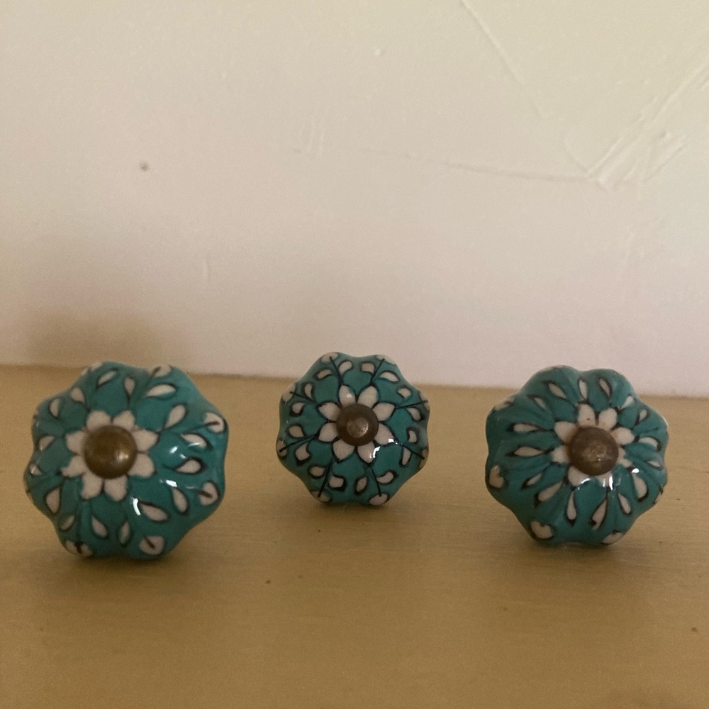 Decorative Floral Ceramic Knobs in Teal Blue and White Set of 3